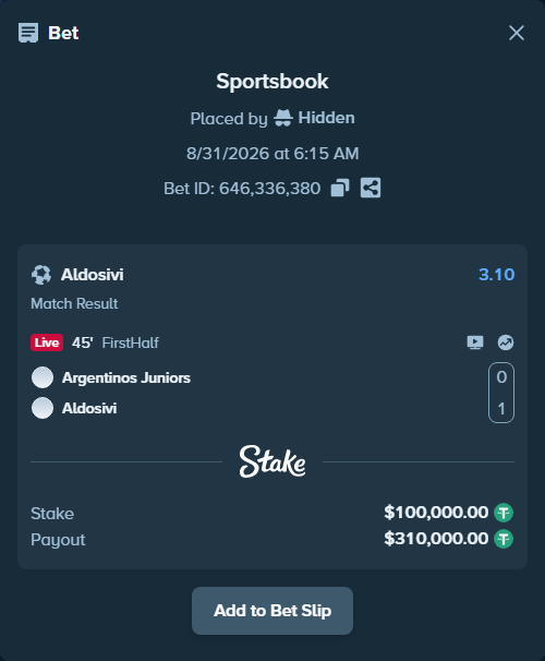 Bet slip: Argentinos Juniors - Aldosivi, $100,000.00 stake at 3.10 odds, placed by Hidden