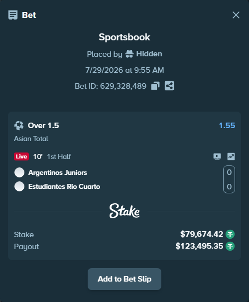 Bet slip: Argentinos Juniors - Estudiantes Rio Cuarto, $79,754.09 stake at 1.55 odds, placed by Hidden