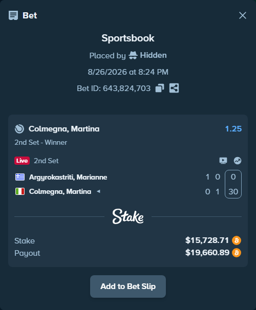 Bet slip: Argyrokastriti, Marianne - Colmegna, Martina, $15,717.44 stake at 1.25 odds, placed by Hidden