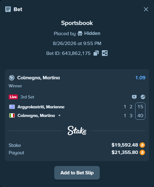 Bet slip: Argyrokastriti, Marianne - Colmegna, Martina, $19,566.00 stake at 1.09 odds, placed by Hidden
