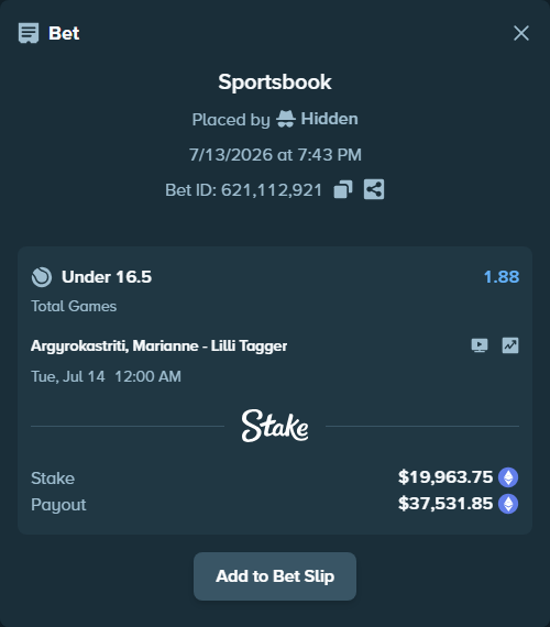 Bet slip: Argyrokastriti, Marianne - Lilli Tagger, $21,295.85 stake at 1.88 odds, placed by Hidden