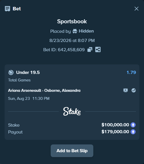 Bet slip: Ariana Arseneault - Osborne, Alexandra, $101,266.02 stake at 1.79 odds, placed by Hidden
