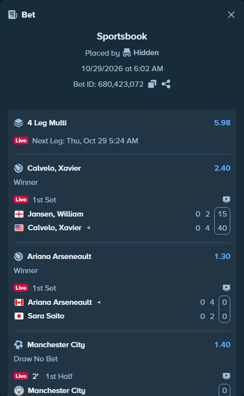 Bet slip: Ariana Arseneault - Sara Saito, $25,208.00 stake at 1.30 odds, placed by Hidden