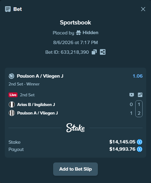 Bet slip: Arias B / Ingildsen J - Paulson A / Vliegen J, $14,145.05 stake at 1.06 odds, placed by Hidden