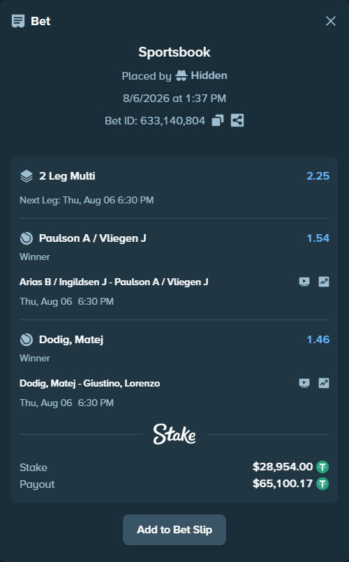 Bet slip: Arias B / Ingildsen J - Paulson A / Vliegen J, $28,982.95 stake at 1.54 odds, placed by Hidden