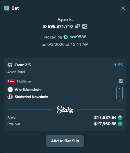 Bet slip: Ario Eslamshahr - Shahrdari Nowshahr, $11,610.71 stake at 1.55 odds, placed by hxn9588