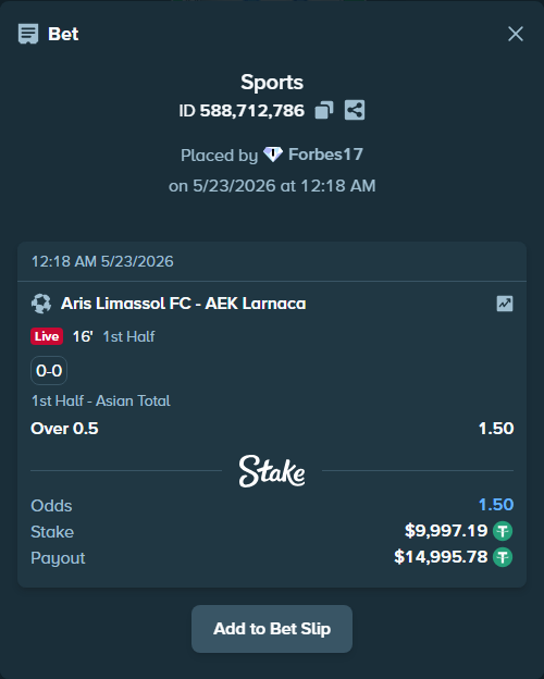 Bet slip: Aris Limassol FC - AEK Larnaca, $10,007.19 stake at 1.50 odds, placed by Forbes17