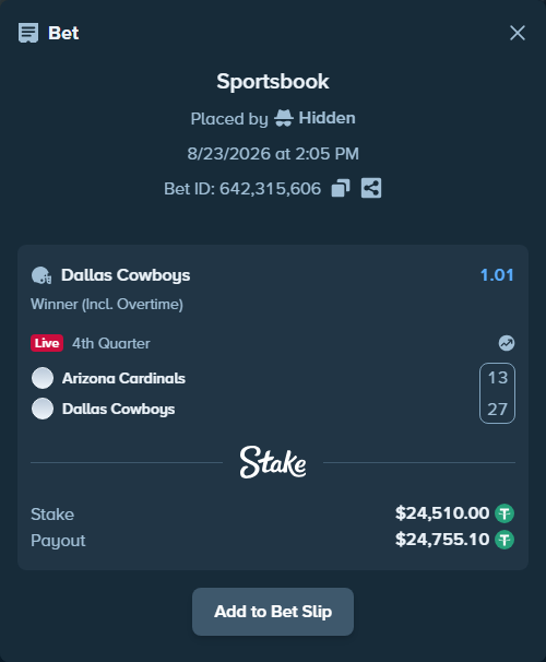 Bet slip: Arizona Cardinals - Dallas Cowboys, $24,505.10 stake at 1.01 odds, placed by Hidden