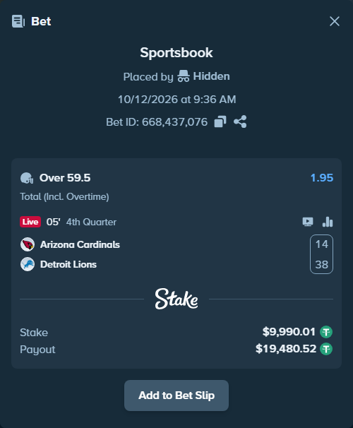 Bet slip: Arizona Cardinals - Detroit Lions, $10,000.00 stake at 1.95 odds, placed by Hidden