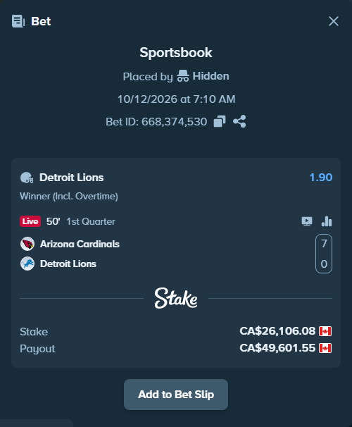 Bet slip: Arizona Cardinals - Detroit Lions, $19,318.50 stake at 1.90 odds, placed by Hidden