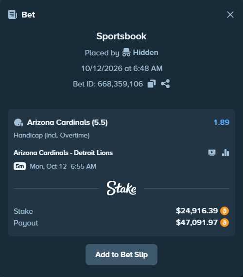 Bet slip: Arizona Cardinals - Detroit Lions, $24,902.37 stake at 1.89 odds, placed by Hidden