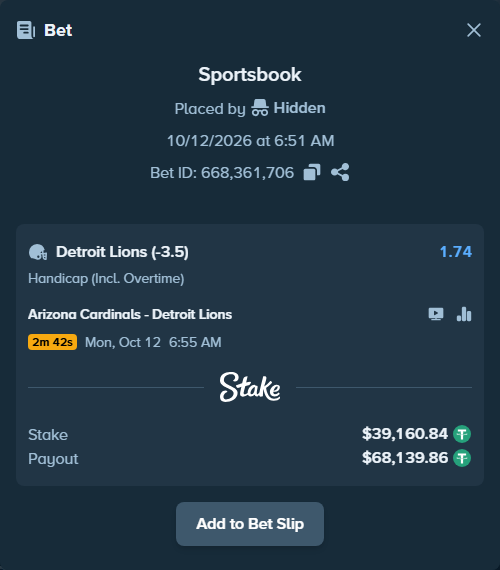 Bet slip: Arizona Cardinals - Detroit Lions, $39,200.00 stake at 1.74 odds, placed by oscardv1981