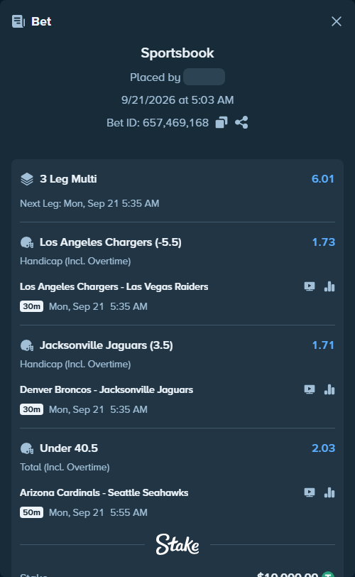 Bet slip: Arizona Cardinals - Seattle Seahawks, $10,000.00 stake at 2.03 odds, placed by WIZCAPA