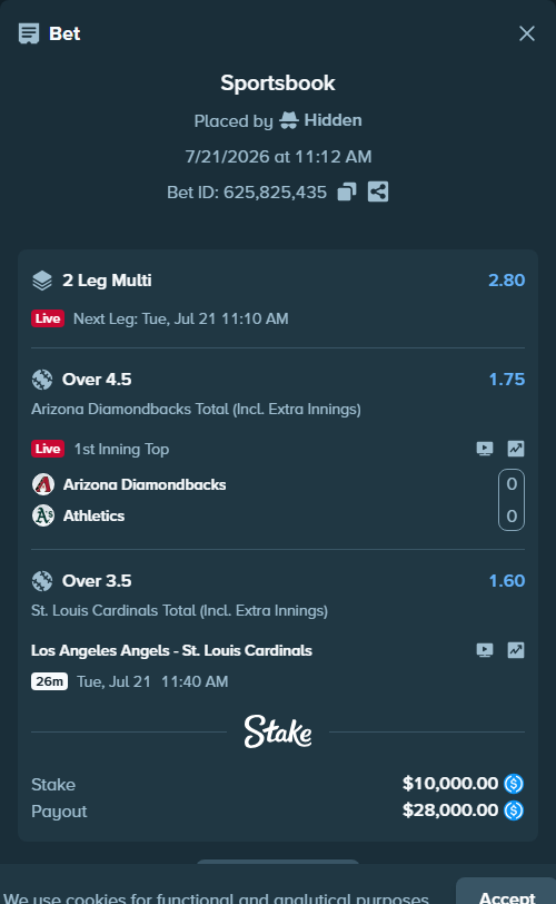 Bet slip: Arizona Diamondbacks - Athletics, $10,000.00 stake at 1.75 odds, placed by TeslaKesla22