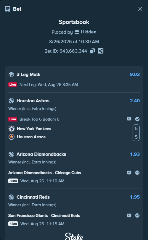 Bet slip: Arizona Diamondbacks - Chicago Cubs, $100,000.00 stake at 1.93 odds, placed by Hidden
