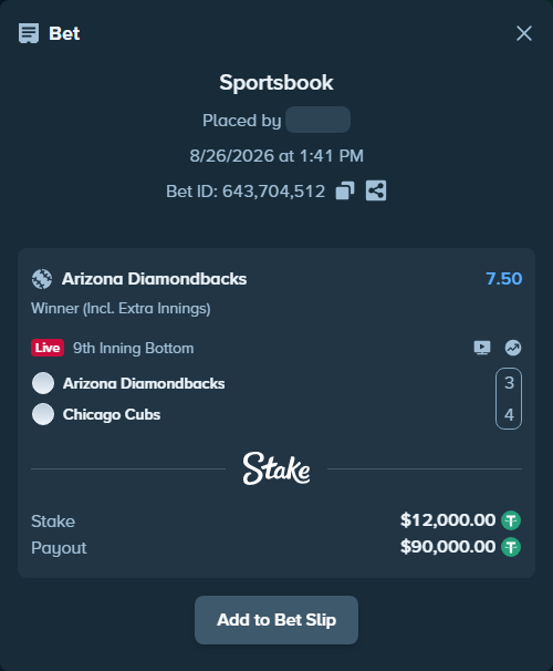 Bet slip: Arizona Diamondbacks - Chicago Cubs, $12,000.00 stake at 7.50 odds, placed by ayoflasher