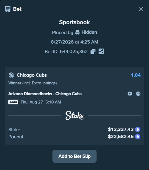 Bet slip: Arizona Diamondbacks - Chicago Cubs, $12,511.00 stake at 1.84 odds, placed by Hidden