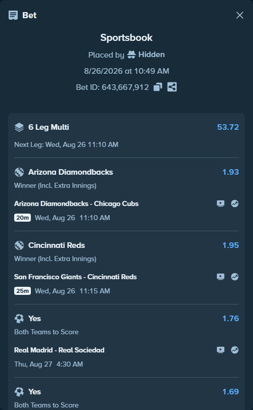 Bet slip: Arizona Diamondbacks - Chicago Cubs, $50,000.00 stake at 1.93 odds, placed by Hidden