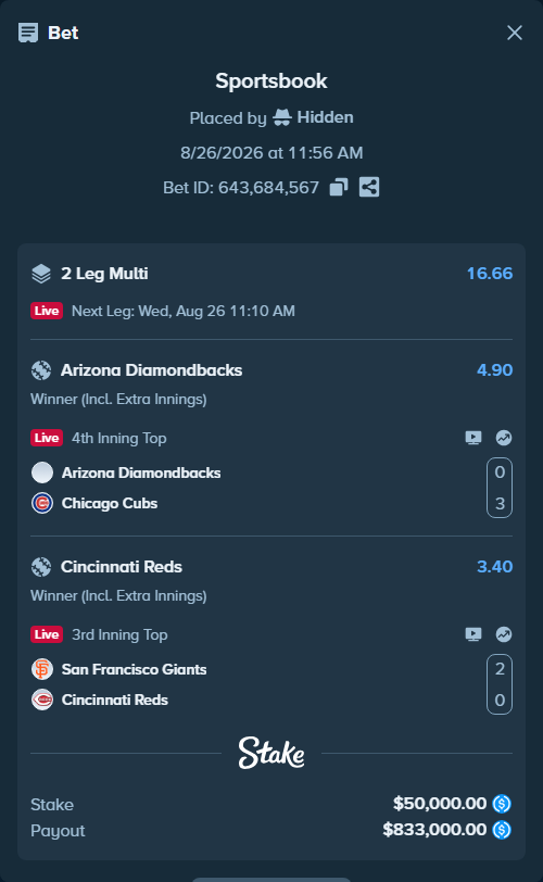 Bet slip: Arizona Diamondbacks - Chicago Cubs, $50,000.00 stake at 4.90 odds, placed by Hidden