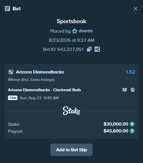 Bet slip: Arizona Diamondbacks - Cincinnati Reds, $30,000.00 stake at 1.52 odds, placed by dvento