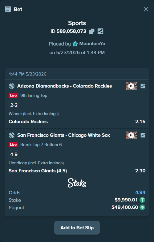 Bet slip: Arizona Diamondbacks - Colorado Rockies, $10,000.00 stake at 2.15 odds, placed by MountainYu