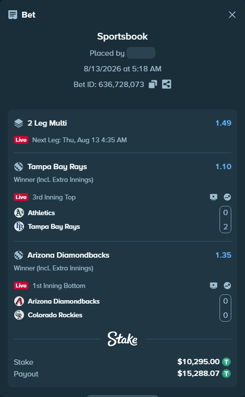 Bet slip: Arizona Diamondbacks - Colorado Rockies, $10,305.29 stake at 1.35 odds, placed by riaggo1