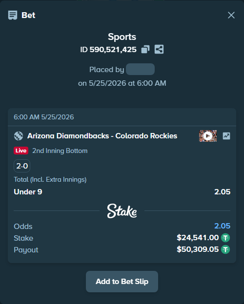 Bet slip: Arizona Diamondbacks - Colorado Rockies, $24,541.00 stake at 2.05 odds, placed by VITSAT