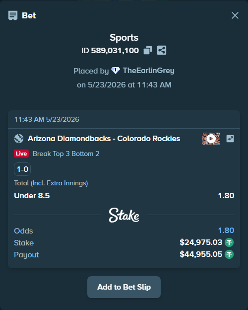 Bet slip: Arizona Diamondbacks - Colorado Rockies, $25,000.00 stake at 1.80 odds, placed by TheEarlinGrey
