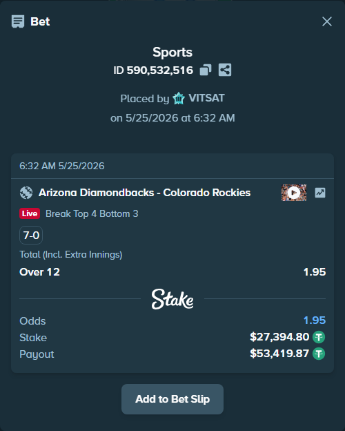 Bet slip: Arizona Diamondbacks - Colorado Rockies, $27,394.80 stake at 1.95 odds, placed by VITSAT