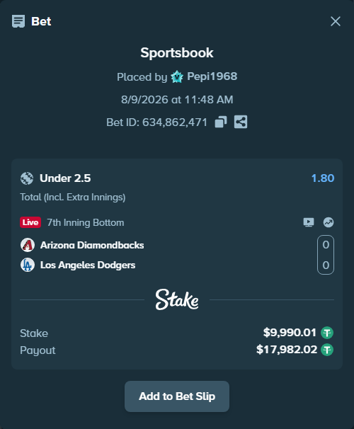 Bet slip: Arizona Diamondbacks - Los Angeles Dodgers, $10,000.00 stake at 1.80 odds, placed by Pepi1968