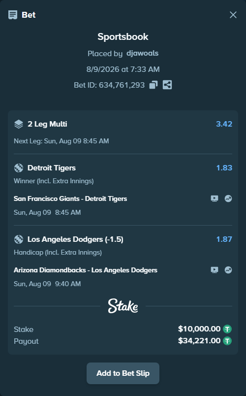 Bet slip: Arizona Diamondbacks - Los Angeles Dodgers, $10,010.00 stake at 1.87 odds, placed by djawoals