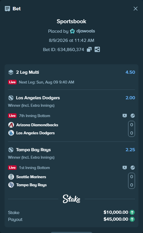 Bet slip: Arizona Diamondbacks - Los Angeles Dodgers, $10,010.00 stake at 2.00 odds, placed by djawoals