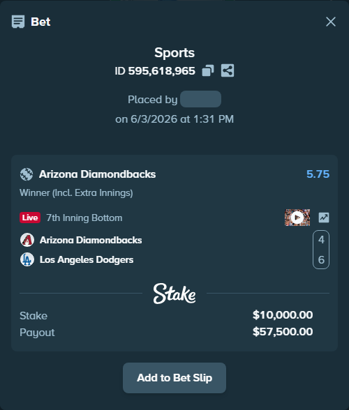 Bet slip: Arizona Diamondbacks - Los Angeles Dodgers, $10,115.90 stake at 5.75 odds, placed by abiltiuszn