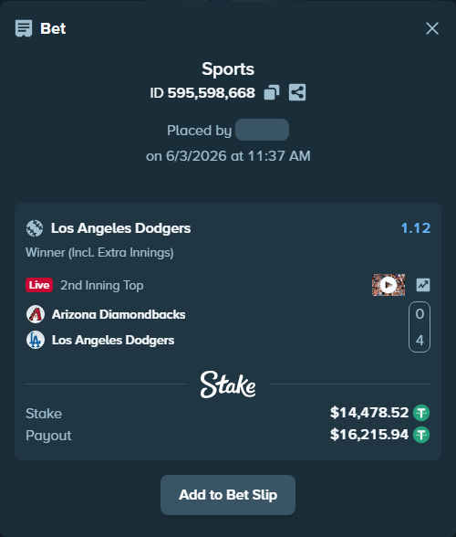 Bet slip: Arizona Diamondbacks - Los Angeles Dodgers, $14,493.00 stake at 1.12 odds, placed by zza121611