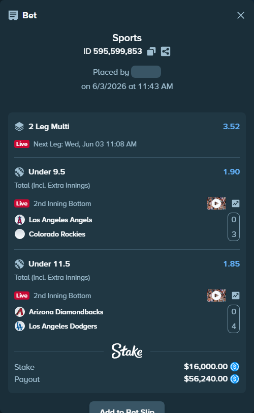 Bet slip: Arizona Diamondbacks - Los Angeles Dodgers, $16,000.00 stake at 1.85 odds, placed by Marvin123421