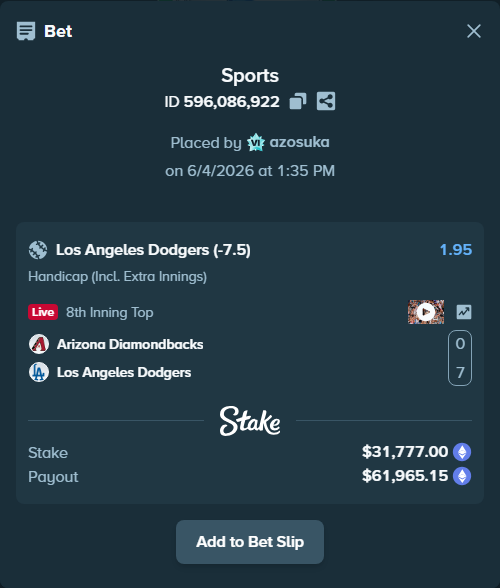 Bet slip: Arizona Diamondbacks - Los Angeles Dodgers, $30,465.63 stake at 1.95 odds, placed by azosuka