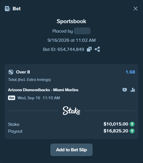 Bet slip: Arizona Diamondbacks - Miami Marlins, $10,015.00 stake at 1.68 odds, placed by Pepi1968