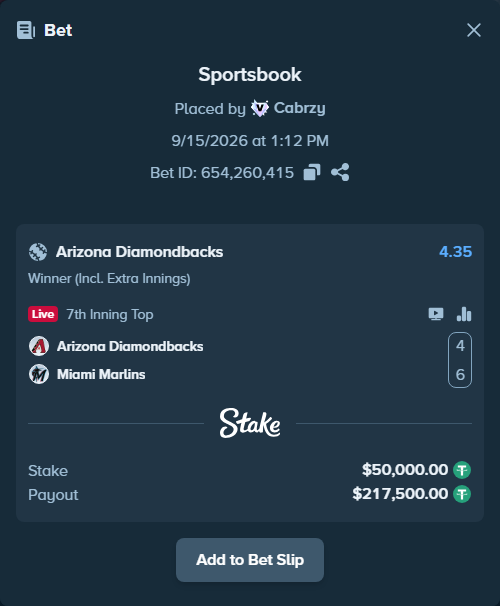 Bet slip: Arizona Diamondbacks - Miami Marlins, $50,000.00 stake at 4.35 odds, placed by Cabrzy