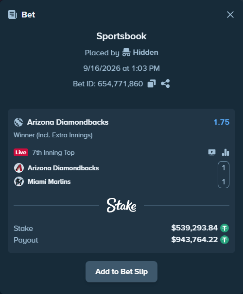 Bet slip: Arizona Diamondbacks - Miami Marlins, $539,833.13 stake at 1.75 odds, placed by Hidden