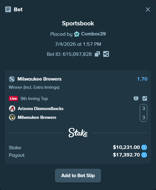 Bet slip: Arizona Diamondbacks - Milwaukee Brewers, $10,231.00 stake at 1.70 odds, placed by Combos39