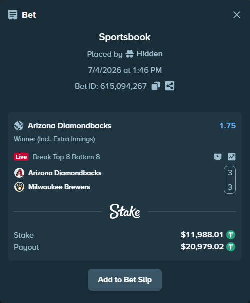 Bet slip: Arizona Diamondbacks - Milwaukee Brewers, $12,000.00 stake at 1.75 odds, placed by Hidden