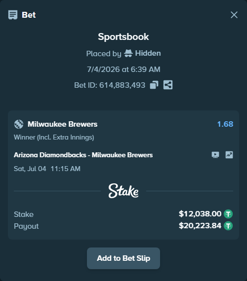 Bet slip: Arizona Diamondbacks - Milwaukee Brewers, $12,050.04 stake at 1.68 odds, placed by Hidden