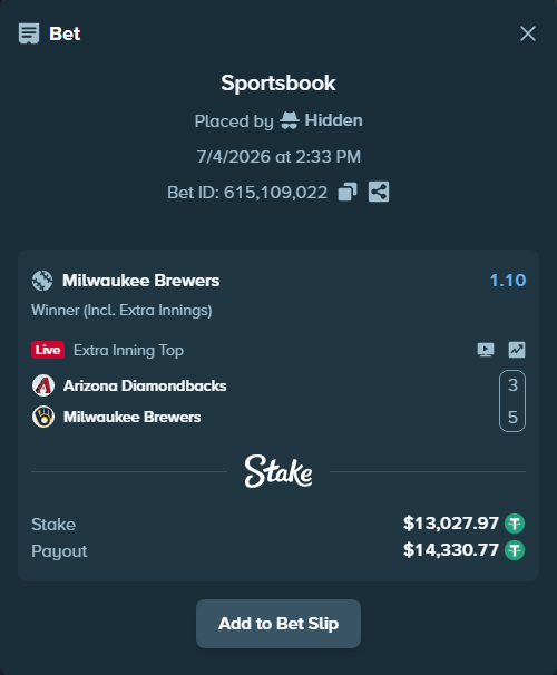 Bet slip: Arizona Diamondbacks - Milwaukee Brewers, $13,041.00 stake at 1.10 odds, placed by Rovangood
