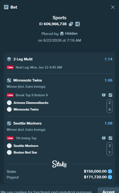 Bet slip: Arizona Diamondbacks - Minnesota Twins, $150,000.00 stake at 1.06 odds, placed by piropiro12