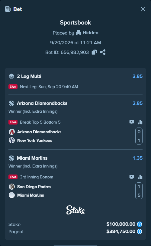 Bet slip: Arizona Diamondbacks - New York Yankees, $100,000.00 stake at 2.85 odds, placed by Hidden