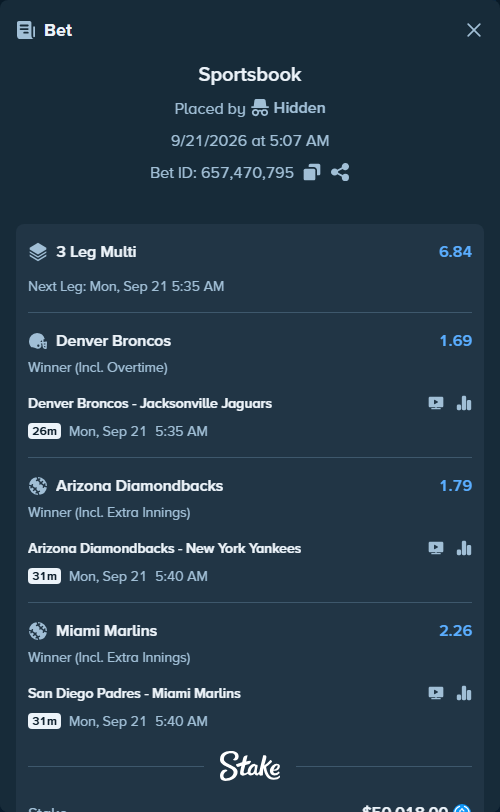 Bet slip: Arizona Diamondbacks - New York Yankees, $50,018.00 stake at 1.79 odds, placed by Hidden