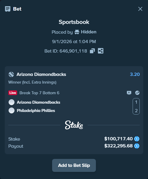 Bet slip: Arizona Diamondbacks - Philadelphia Phillies, $100,717.40 stake at 3.20 odds, placed by Hidden
