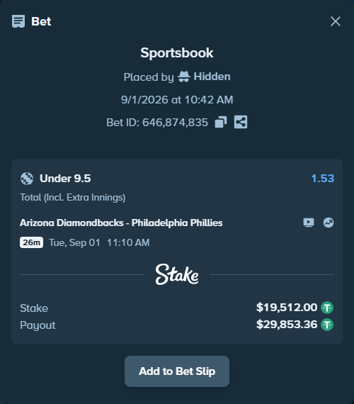 Bet slip: Arizona Diamondbacks - Philadelphia Phillies, $19,512.00 stake at 1.53 odds, placed by Hidden