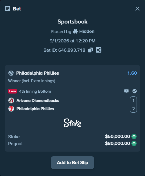 Bet slip: Arizona Diamondbacks - Philadelphia Phillies, $50,000.00 stake at 1.60 odds, placed by Hidden