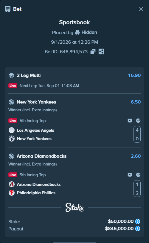 Bet slip: Arizona Diamondbacks - Philadelphia Phillies, $50,000.00 stake at 2.60 odds, placed by Hidden